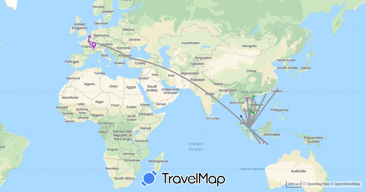 TravelMap itinerary: driving, bus, plane, train in China, France, Indonesia, Cambodia, Laos, Malaysia, Singapore, Thailand, Turkey, Taiwan, Vietnam (Asia, Europe)